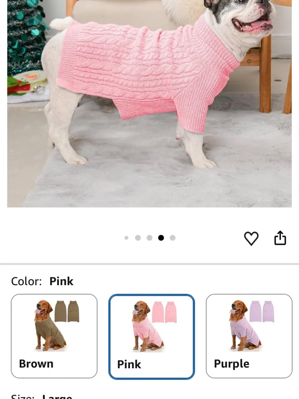 Dog Sweater for Large Dogs, Long Sleeve, Size L Stretchy cable knit